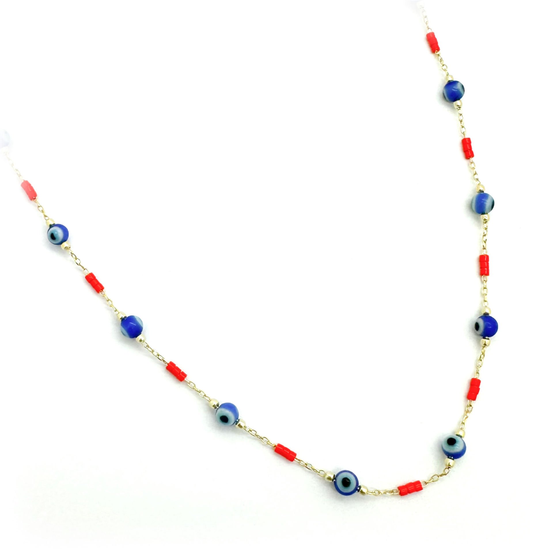 Nazar Boncuklu Kırmızı Taşlı Zincir -40 cm-