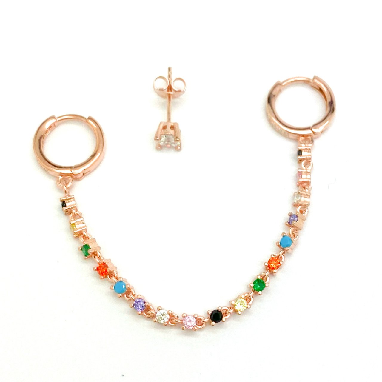 Gümüş Rose Renkli Taşlı Zincirli Küpe -adet-