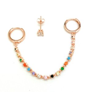 Gümüş Rose Renkli Taşlı Zincirli Küpe -adet-