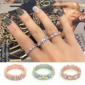 Pastel Renkli Gümüş Tam Tur Yüzük 7 numara