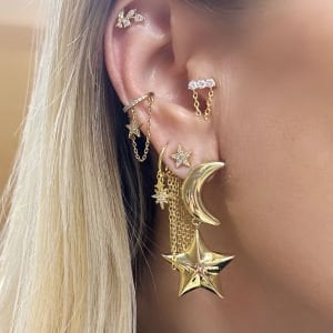 Gümüş Zincirli Gold Yıldız Küpe -adet-