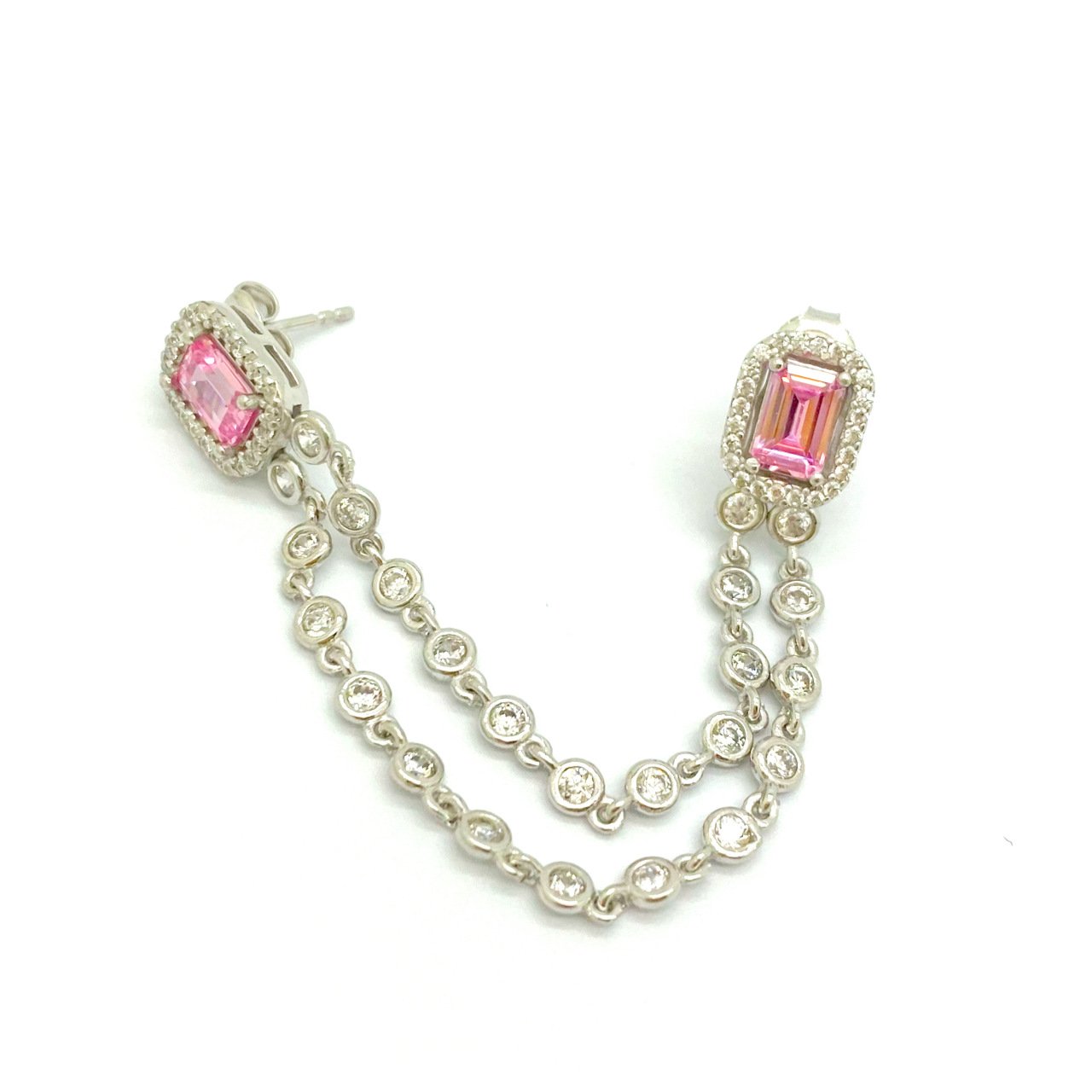 Gümüş Pembe Baget Taş ikili Küpe -adet-