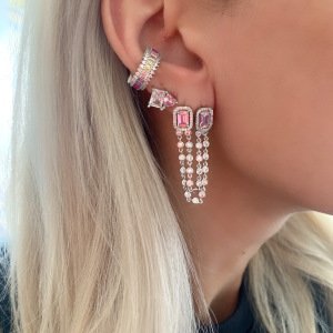 Gümüş Kare & Kalp Taş Küpe -adet-