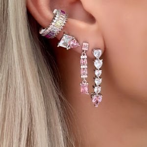 Gümüş Pembe Kalp Taş Küpe -adet-