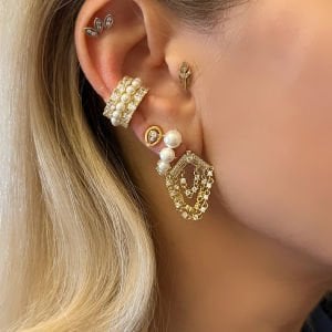 Gümüş Zincirli Taşlı Gold Küpe -adet-